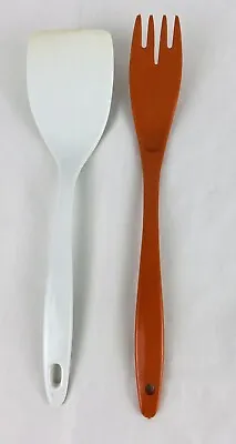 2pc Vintage Melamine Kitchen Utensils Hard Plastic White Spatula & Serving Fork  • $10