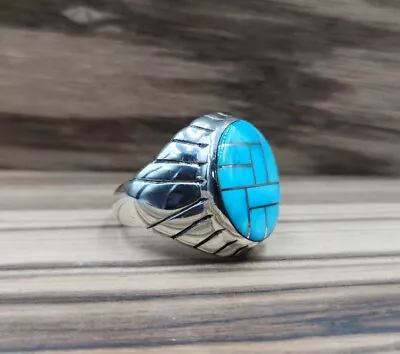 Native American Signed DR Sterling Silver Men Turquoise Inlay Ring. • $109.95