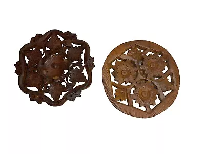 2 Trivet Hand Carved Wooden Hot Plate India Pot Holder VTG Jungle Sheesham Wood • $6.70