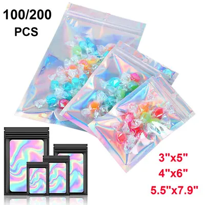 100/200 Holographic Mylar Foil Bags Smell Proof Resealable Zip Lock Pouch Black • $24.36