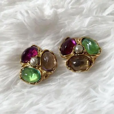 Yves Saint Larent Vintage Flower Color Stone Pearl Gold Clip On Earrings • £554.26