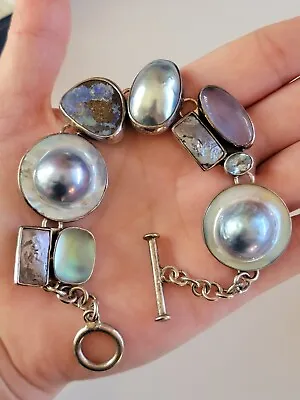 Sterling Silver Artisan Link Bracelet Mabe Pearl Opal Chalcedony Agate • $250