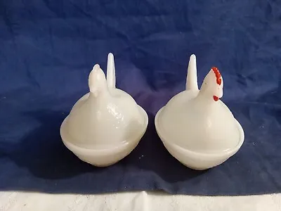2 Vintage Small Milk White Glass Hen In Basket Nest Candy Dish 4 3/8 In Long  • $15