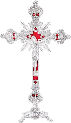 Standing Crucifix Base 12.5  Tabletop Metal Catholic Jesus Cross Chapel Silvery • $53.05
