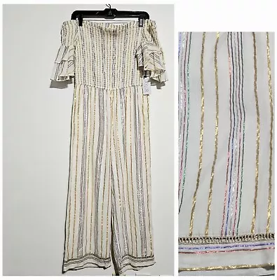 Saylor Womens Sz M Kamryn Jumpsuit Metallic Smocked Off The Shoulder Wide Leg • $37