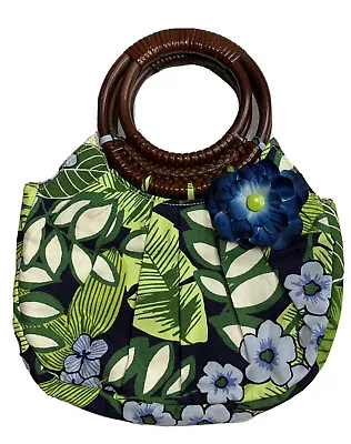 Gymboree Green Blue Floral Satchel Purse Bag Rattan Brown Handle Flower Accent • $9.74
