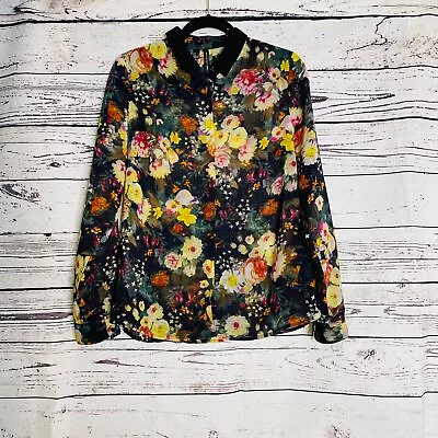 MNG Collection Womens Sheer Black Floral Long Sleeve Blouse Solid Collar Medium • $38.99