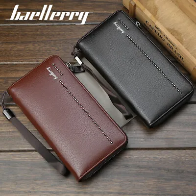 Large Mens Leather Wallet Long Zipper Card Holder Bifold Clutch Wristlet Bag US • $9.74