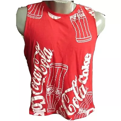 Men's Large Tee COCA-COLA  Cut OFF Sleeveless ALL OVER PRINT Red T-Shirt • $11.88