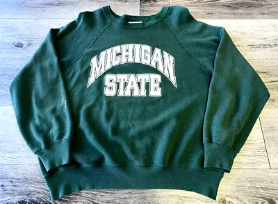 Vintage Michigan State Sweatshirt Size XL Green MSU Spartans 80s NCAA Raglan • $30