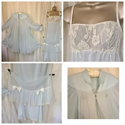 VTG 32 34 Peignoir  TWIRLY LUCIE ANN Blue Nightgown FANCY Double Chiffon Nylon   • $149.99