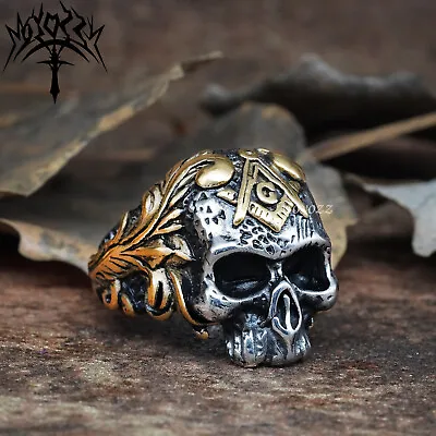 Goth Mens Gold Plated Masonic Biker Skull Ring Stainless Steel Size 7-15 Gift • $10.99