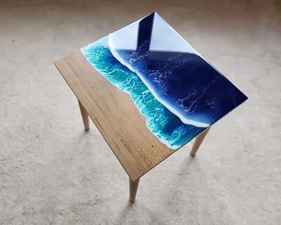Small Natural Ocean Wave Side End Resin Coffee Table Beach House Decor Blue Art • $565.19