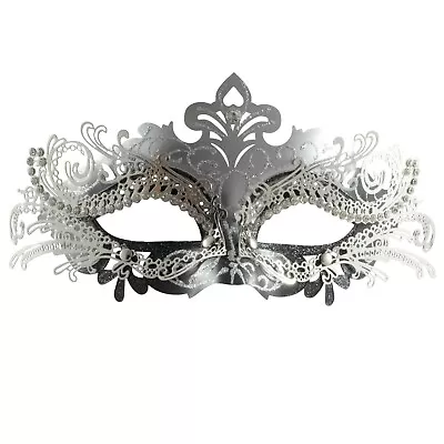 Silver Metal Lace Masquerade Mask | Venetian Silver Diamante Wedding Ball Mask • £10.99