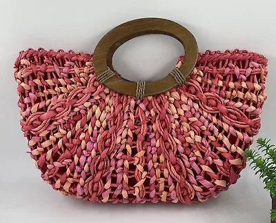 $16.99 • Buy Coldwater Creek Statement Purse Red Pink Straw Beachy Wood Handles Boho 