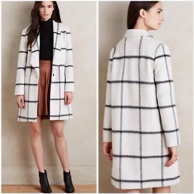 ELEVENSES Anthropologie Womens Size 6/M Wool Mohair Coat White Plaid Windowpane • $84