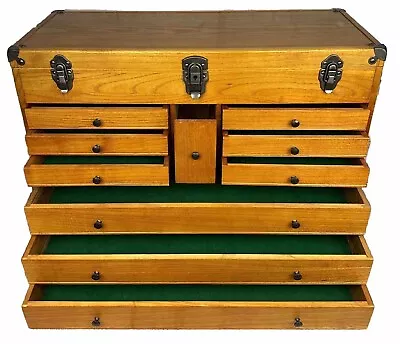 Antique Oak Wood Machinists Mechanic Tool Chest Box 10 Drawer Felt Lined • $1000