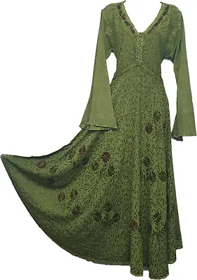 Maxi HENNA Dress Embroidered Long Bell Sleeve Empire Waist 12 14 16 18 20 22 • £32.99