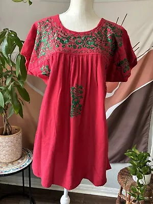 Mexican CLOTHING Co Red Green Boho Embroidered Mexican Peasant Top Women's M L • $22.49