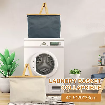 Laundry Basket Collapsible Dirty Cloth Bag With Wooden Handle Breathable GruqZ • $42.61