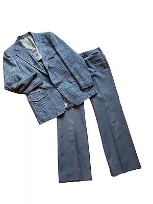 Mens Vintage Suit Jacket Pants Blue Plaid 70s Wide Collar Disco 43 44 Long Men’s • $69