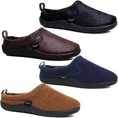 Mens Wide Fit Slippers Slip On Faux Leather Warm Lined Clog Indoor Shoes • £15.95