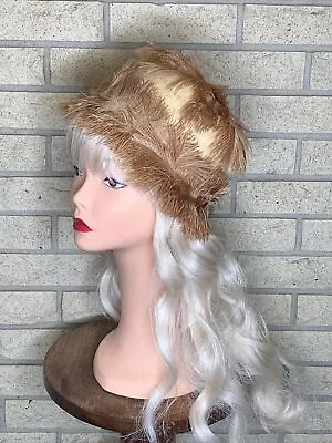 VTG Upcycled Pill Box Beige & Brown Straw/Feather Cocktail Hat Retro Millinery • $68