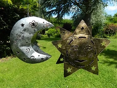 Sun And Moon Pair Of Hanging Metal Tea Light Candle Holders Garden Lanterns • £999.99