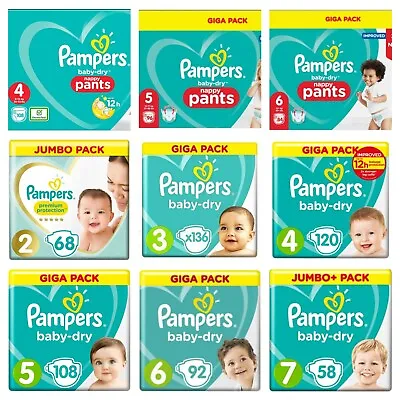 Pampers Baby Dry Nappy Pants Diaper Taped Stretchy Nappies Size 4 5 6 Giga Pack • £23.02
