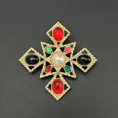 Medieval Cross Brooch Gripoix Style Jelly Cabochon Faux Pearl Gold Tone Pin • $23.99