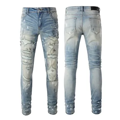 Mens Punk Ripped Skinny Fit White Paint Spot Jeans Blue Stretch Denim Moto Pants • $59.17