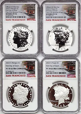 4 Coin Set 2023 Morgan Peace Silver Dollars Ngc Pf Rp 70 First Day Sf    In Hand • $530