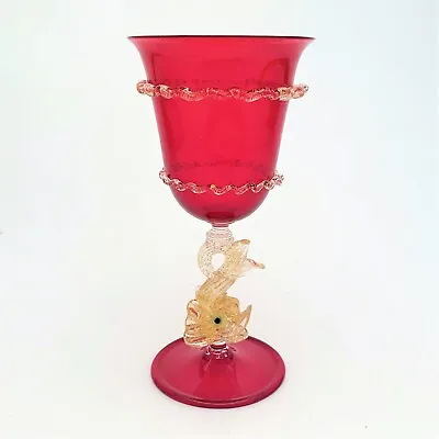 Salviati Murano Ruby Red Goblet With Gold Figural Dolphin Stem • $150