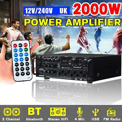 2000W Digital Power Amplifier Bluetooth Stereo HiFi Audio 2CH USB SD FM Car Home • £39.80