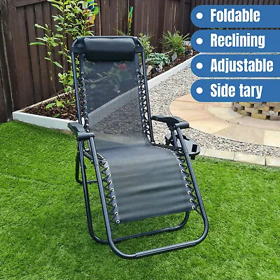 £69.98 • Buy Zero Gravity Chair Reclining Garden Sun Loungers Fold Cup Holder Headrest Pillow