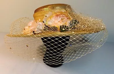 Vtg Whittall & Shon Wide Brim Hat Gold Sequin Netting Flowers Wedding Derby 23  • $45