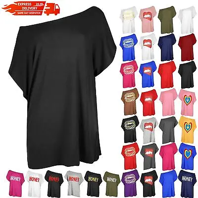 Ladies Casual Plain Womens Batwing Slash Neck Off Shoulder Bardot T Shirt Top • £3.49