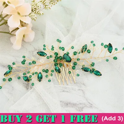 Bridal Vintage Gold Leaf Emerald Green Crystal Hair Comb Rhinestone Headress  Li • £5.80