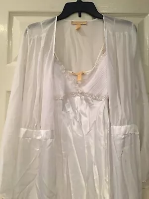 Vtg Flora Nikrooz Satin Nightgown & Robe White Bridal Sheer Sequins Size S Small • $69.99
