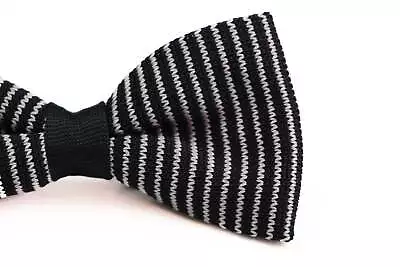 Mens Black & White Vertical Striped Knitted Bow Tie • $7.01