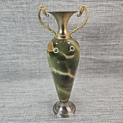 Vtg 14  Green & Brown Swirl Marble Onxy  Brass Footed Table Lamp Base FOR PARTS • $54.99