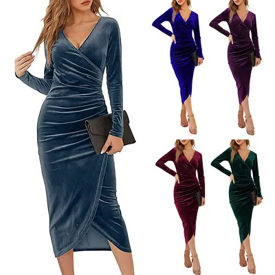 Ruched Dresses Evening Gown Velvet Dresses Bodycon Dress Party Dress Solid Midi • $26.10