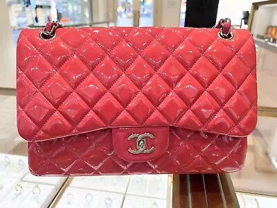 CHANEL Pink Quilted Patent Leather Jumbo Classic Double Flap Bag With Cert • $4900