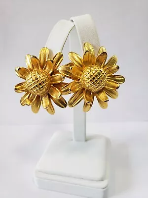 Vintage Gold Tone Large Sun Flower Clip On Earrings 3D • $22.49
