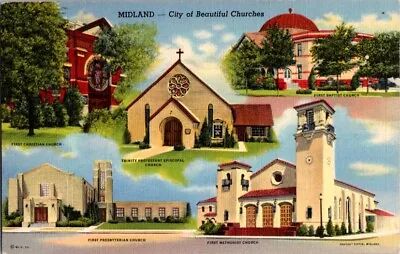 Vintage Postcard Beautiful Churches Of Midland TX Texas C.1930-1945        I-565 • $26.39