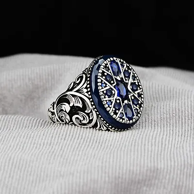 Mens 925k Sterling Silver Blue Gemstone Ring Sapphire Stone Men Ring Size 6-16 • $85