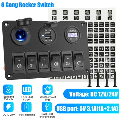 $26.98 • Buy 6 Gang Waterproof Circuit Blue LED Rocker Switch Panel Breaker Car Marine Boat