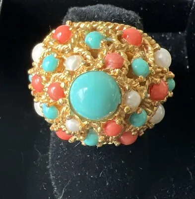 Vintage TRIFARI Faux Turquoise Coral Pearl Cabochon Gold-Tone Dome Cocktail Ring • $70