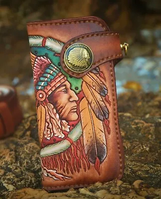 Custom Leather Biker Carved Wallet Chain Indigenous Chief Personalized Gift X37 • $329.99