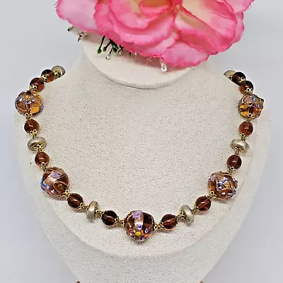 Vintage Venetian Murano Brown Wedding Cake Glass Bead Choker Necklace • $39.99